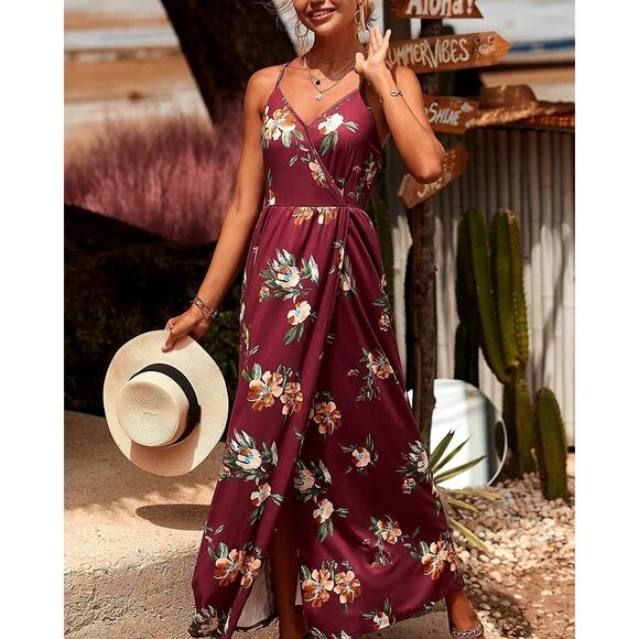 Inin Maxi Dress Womens L Large Purple Floral V Neck Spaghetti Strap Slit Casual - Picture 1 of 12